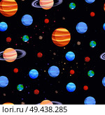 Space and planets seamless pattern, poster with collection of celestial objects, Jupiter and Mars, Venus and Pluto, isolated on vector illustration. Space and Planets Pattern Vector Illustration. Стоковая иллюстрация, агентство Ingram Publishing / Фотобанк Лори