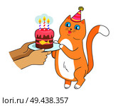 Cat has birthday party, celebrate it with cake and three burning candles on it, in holliday cone cap vector illustration poster isolated on white. Cat has Birthday Party, Celebrate with Cake Vector. Стоковая иллюстрация, агентство Ingram Publishing / Фотобанк Лори
