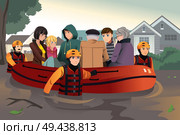 A vector illustration of rescue team helping people by pushing a boat through a flooded road. Стоковая иллюстрация, агентство Ingram Publishing / Фотобанк Лори