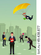 A vector illustration of businessman with a parachute holding a piece of puzzle for teamwork concept. Стоковая иллюстрация, агентство Ingram Publishing / Фотобанк Лори