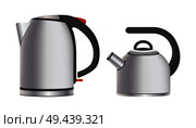 Modern shiny metal teapots electric and simple. Kitchen appliances to heat water and make hot drinks isolated realistic vector illustrations set.. Modern Shiny Metal Teapots Electric and Simple. Стоковая иллюстрация, агентство Ingram Publishing / Фотобанк Лори