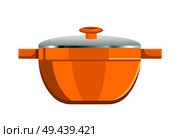 Deep saucepan with glass cover and yellow corpus. Modern bright kitchenware for cooking. Shiny pan with pair of handles isolated vector illustration.. Deep Saucepan with Glass Cover and Yellow Corpus. Стоковая иллюстрация, агентство Ingram Publishing / Фотобанк Лори