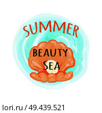 Summer sea beauty poster with open seashell with shiny round pearl cartoon style background, vector illustration of highly valued gemstone. Summer Sea Beauty Poster with Open Seashell. Стоковая иллюстрация, агентство Ingram Publishing / Фотобанк Лори