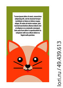 Animal cover, cat of orange color with glowing eyes and ears, whiskers, card with text sample placed in frame, vector illustration isolated on green. Animal Cover Cat and Text Vector Illustration. Стоковая иллюстрация, агентство Ingram Publishing / Фотобанк Лори