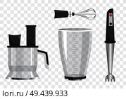 Mixer pattern, multicolored vector illustration with silver tool, various nozzles, special bowls with set of marks, isolated on transparent background. Mixer Pattern Multicolored Vector Illustration. Стоковая иллюстрация, агентство Ingram Publishing / Фотобанк Лори