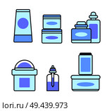 Natural skincare cosmetic means with healthy minerals in capacious blue containers isolated cartoon flat vector illustrations set on white background.. Natural Skincare Cosmetic Means Illustrations Set. Стоковая иллюстрация, агентство Ingram Publishing / Фотобанк Лори