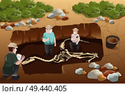 A vector illustration of archaeologist discovering a dinosaurs fossil. Стоковая иллюстрация, агентство Ingram Publishing / Фотобанк Лори