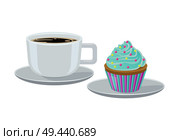 Cupcake with cream and decoration elements on top, and coffee poured in cup, poster with sweet bakery and drink, isolated on vector illustration. Cupcake and Coffee Poster Vector Illustration. Стоковая иллюстрация, агентство Ingram Publishing / Фотобанк Лори