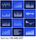 Graphics collection, business charts set with information in visual representation with lines graphic vector illustration isolated on blue background. Graphics Collection Blue Vector Illustration. Стоковая иллюстрация, агентство Ingram Publishing / Фотобанк Лори