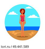 Girl in swimsuit with polka dot pattern stands on beach. Stylish swimwear for women. Girl in feminine swimsuit near sea vector illustration in circle.. Girl in Swimsuit with Polka Dot Pattern on Beach. Стоковая иллюстрация, агентство Ingram Publishing / Фотобанк Лори