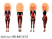 Cute blonde banner, colorful vector illustration of woman with dark blue handbag, brown shoes and trousers, black jacket and belt with golden clasp. Cute Blonde Banner Colorful Vector Illustration. Стоковая иллюстрация, агентство Ingram Publishing / Фотобанк Лори