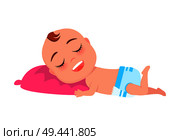 Baby infant in diaper sleeping on pink pillow, little person resting on couch vector illustration with little child isolated on white background. Baby Infant in Diaper Sleeps on Pink Pillow Vector. Стоковая иллюстрация, агентство Ingram Publishing / Фотобанк Лори