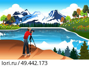 A vector illustration of photographer taking picture of a beautiful nature. Стоковая иллюстрация, агентство Ingram Publishing / Фотобанк Лори