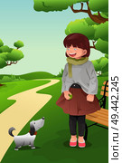 A vector illustration of cute girl playing with her dog in the park. Стоковая иллюстрация, агентство Ingram Publishing / Фотобанк Лори