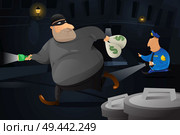 A vector illustration of policeman catching a robber in a dark alley. Стоковая иллюстрация, агентство Ingram Publishing / Фотобанк Лори
