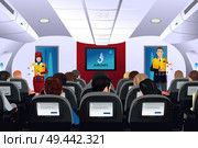 A vector illustration of flight attendant showing safety procedure to passengers. Стоковая иллюстрация, агентство Ingram Publishing / Фотобанк Лори