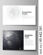 Vector editable layout of two creative business cards design templates. Futuristic geometric design with world globe, connecting lines and dots. Global network connections, technology digital concept. Vector editable layout of two creative business cards design templates. Futuristic geometric design with world globe, connecting lines and dots. Global network connections, technology digital concept. Стоковая иллюстрация, агентство Ingram Publishing / Фотобанк Лори