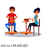 Two joyful artisan, clay masters, creation process, vector illustration with man and woman that are manufacturing clay bowl and pot, potter s wheel. Two Joyful Artisan, Clay Masters, Creating Process. Стоковая иллюстрация, агентство Ingram Publishing / Фотобанк Лори