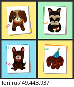 Puppies and dogs poster set, collection of pets pictures, creatures of different breeds and colors, in cap and bows, isolated on vector illustration. Dog on a piece of paper clamped with a paper clip. Puppies and Dogs Poster Set Vector Illustration. Стоковая иллюстрация, агентство Ingram Publishing / Фотобанк Лори