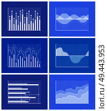 Diagrams collection poster with set of charts and diagrams, visualisation and data representation, vector illustration isolated on blue background. Diagrams Collection Poster Vector Illustration. Стоковая иллюстрация, агентство Ingram Publishing / Фотобанк Лори