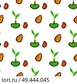 Seamless pattern with sprout, organic seed and green plant vector illustration isolated on white background. Endless texture symbolize beginning of new life. Seamless Pattern with Sprout, Organic Seed, Plant. Стоковая иллюстрация, агентство Ingram Publishing / Фотобанк Лори