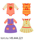 Baby clothes collection, poster with dresses and pockets, stretchie and jumpers with berries, baby clothes vector illustration, isolated on white. Baby Clothes Collection Dress Vector Illustration. Стоковая иллюстрация, агентство Ingram Publishing / Фотобанк Лори