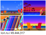 Summer compositions and landscapes banners. Beach in day and at sunset, pool and palms, striped blanket with summer sunglasses vector illustrations.. Summer Compositions and Landscapes Banners Set. Стоковая иллюстрация, агентство Ingram Publishing / Фотобанк Лори