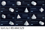 Sphere and cube, cone and cuboid geometric figures set, octahedron and cylinder, triangular and pentagonal prisms, square pyramid vector illustration. Sphere and Cube, Cone and Cuboid Geometric Set. Стоковая иллюстрация, агентство Ingram Publishing / Фотобанк Лори
