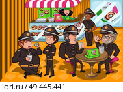 A vector illustration of police officers in a donuts store. Стоковая иллюстрация, агентство Ingram Publishing / Фотобанк Лори