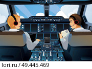 A vector illustration of pilot and copilot inside the cockpit. Стоковая иллюстрация, агентство Ingram Publishing / Фотобанк Лори
