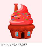 Cupcake house with chimney on creamy roof icon. Glazed muffin home with colorful candy sprinkles flat vector isolated on white background. Fantastic fairy sweet baked cottage illustration. Cupcake House with Chimney On Creamy Roof Vector. Стоковая иллюстрация, агентство Ingram Publishing / Фотобанк Лори