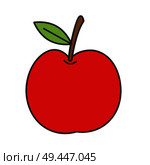 Cartoon bright red ripe apple with green leaf isolated on white background. Tasty organic food vector illustration. Juicy fruit from orchard. Healthy product for every day eating in any season.. Cartoon Simple Red Apple Isolated Illustration. Стоковая иллюстрация, агентство Ingram Publishing / Фотобанк Лори