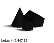 Cone pentagonal prism and cube 3D geometric black shapes isolated on white background. Three dimensional cube and cone with pentagonal prism vector. Cone Pentagonal Prism and Cube 3D Geometric Shapes. Стоковая иллюстрация, агентство Ingram Publishing / Фотобанк Лори