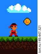 Man collecting coins, 2d game, pixel illustration, white cloud, vector image with ground and grass, blue sky, pixel man in red clothing, money icon. Man Collecting Coins, 2d Game, Pixel Illustration. Стоковая иллюстрация, агентство Ingram Publishing / Фотобанк Лори