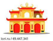Chinese architectural festival building isolated on white. Vector illustration of yellow construction with red and blue colours and special figures on roof. Colourful structure icon in flat design. Chinese Architectural Festival Building Isolated. Стоковая иллюстрация, агентство Ingram Publishing / Фотобанк Лори
