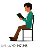 Young man reading textbook. Brown-haired male student seating on chair with book in hands flat vector isolated on white background. Enthusiastic reader illustration for educational and hobby concepts. Student Seating and Reading Textbook Flat Vector . Стоковая иллюстрация, агентство Ingram Publishing / Фотобанк Лори