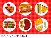 Pie and picnic dishes set, plates and hot dogs, steak and cheese, brochettes and sandwich, picnic vector illustration isolated on squared background. Pie and Picnic Dishes Set Vector Illustration. Стоковая иллюстрация, агентство Ingram Publishing / Фотобанк Лори