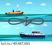 Sea transport color banner vector illustration with grey cordage blue and yellow sea ships, cordage roping spiral, anchor cloudy sky, calm sea surface. Sea Transport Color Banner Vector Illustration. Стоковая иллюстрация, агентство Ingram Publishing / Фотобанк Лори