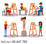 Students draw and paint cartoon isolated vector illustration on white. Boys and girl work on their paintings and drawings supported by easels. Students Draw and Paint Isolated Illustration. Стоковая иллюстрация, агентство Ingram Publishing / Фотобанк Лори