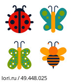 Insects collection of creatures, ladybug and butterfly with colorful wings, bee with antenna, set vector illustration isolated on white background. Insects Collection Creatures Vector Illustration. Стоковая иллюстрация, агентство Ingram Publishing / Фотобанк Лори