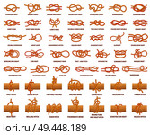 All types of knots demonstrated with strong rope. Strong and complicated knots with names. Rope tied over wooden plank isolated vector illustrations.. All Types of Knots Demonstrated with Strong Rope. Стоковая иллюстрация, агентство Ingram Publishing / Фотобанк Лори