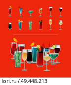 Set of tropical cocktails with orange juice, blue lagoon, bloody mary, vodka with cola, red and white wine and champagne vector illustration menu. Set of Tropical Cocktails Orange Juice Blue Lagoon. Стоковая иллюстрация, агентство Ingram Publishing / Фотобанк Лори