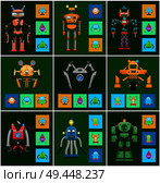 Robots creatures with intellect robots and wheels, screens and radars, different shapes of mechanisms vector illustration isolated on green background. Robots Creatures Intellect Vector Illustration. Стоковая иллюстрация, агентство Ingram Publishing / Фотобанк Лори