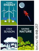 Set of posters urging people to become environmentally friendly and use clean energy. Vector illustration of unspoiled nature and ways how to preserve it.. Set of Posters Urging People to be Eco-Friendly. Стоковая иллюстрация, агентство Ingram Publishing / Фотобанк Лори