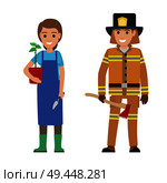 People professions vector characters. Smiling gardener woman with plant in pot and firefighter with ax cartoon characters isolated on white. Occupations flat illustration for labor day, job concepts. Professions People Cartoon Vector Characters. Стоковая иллюстрация, агентство Ingram Publishing / Фотобанк Лори