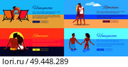 Romance honeymoon photos of happy couples on vacation at seaside that kiss on sunset, hug on beach and hold each others hands in ocean vector illustration. Photos of Happy couples on Vacation at Seaside. Стоковая иллюстрация, агентство Ingram Publishing / Фотобанк Лори