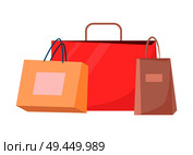 Paper shopping bags vector illustration of disposable packages with handles isolated on white. Packets for parcels, colorful shopping bags vector set. Paper Shopping Bags Vector Disposable Packages. Стоковая иллюстрация, агентство Ingram Publishing / Фотобанк Лори
