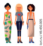 Three casual girls in different summer clothing vector illustration, light summer gown, heeled shoes vogue jeans, striped t-shirt vogue skirt and sash. Three Casual Girls in Different Summer Clothing. Стоковая иллюстрация, агентство Ingram Publishing / Фотобанк Лори