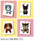 Puppies and dogs poster set, collection of pets pictures, creatures of different breeds and colors, isolated on vector illustration. Dog on a piece of paper clamped with a paper clip. Puppies and Dogs Poster Set Vector Illustration. Стоковая иллюстрация, агентство Ingram Publishing / Фотобанк Лори