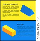 Triangular prism and cuboid geometric collection, vector illustration with yellow and blue geometric figures, black text sample and frame two banners. Triangular Prism and Cuboid Geometric Collection. Стоковая иллюстрация, агентство Ingram Publishing / Фотобанк Лори